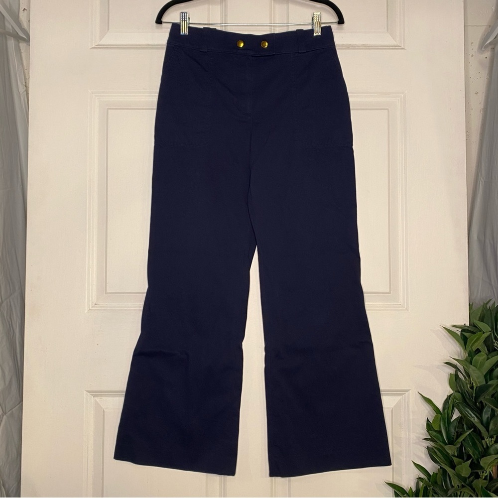 Tory Burch Navy Blue Flared leg Flat Front Gold Button Pants Size 4